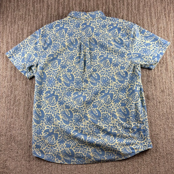 Prana Men's XL Short Sleeve Button Up Shirt Blue Yellow Floral Bird Print Casual - Picture 4 of 12